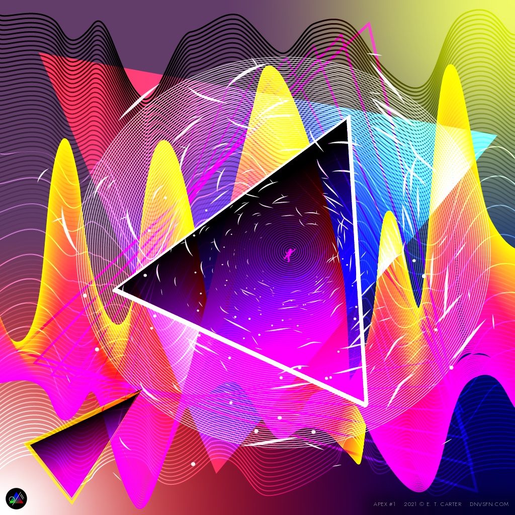 Neon triangle over rippling wave-lines.