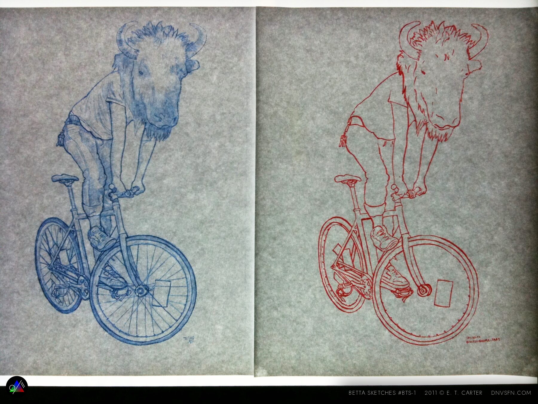 Bicycle riders in red and blue ink