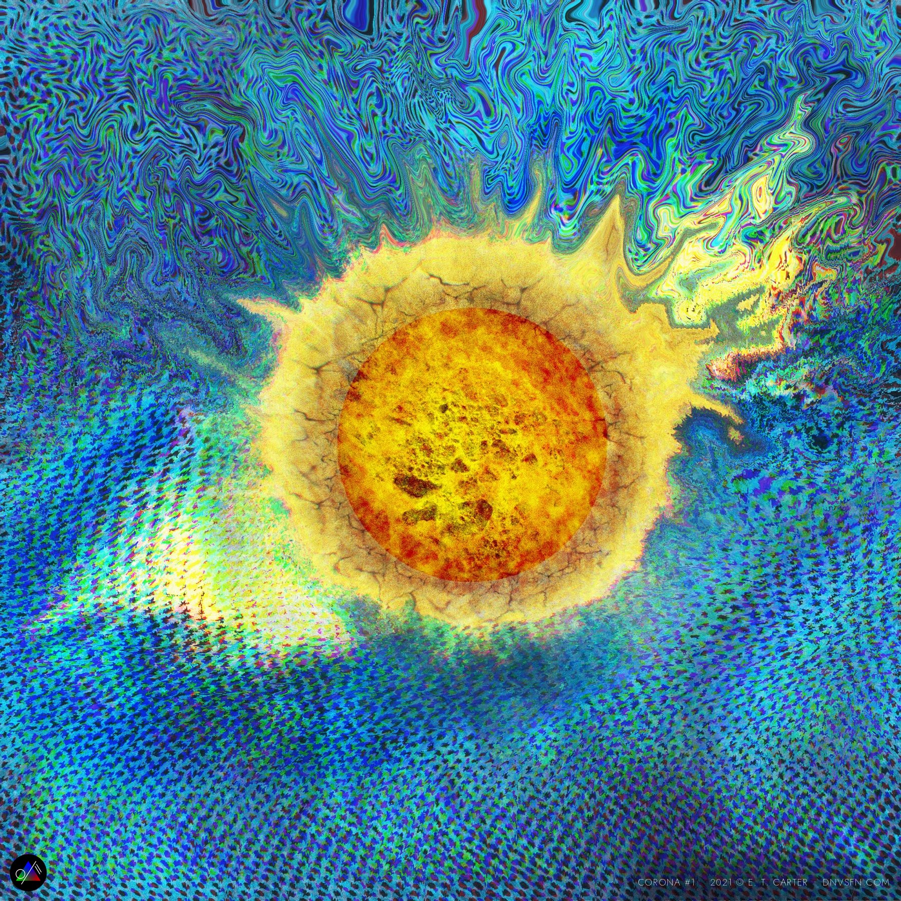 A cracked solar core churning over an iridescent blue field.