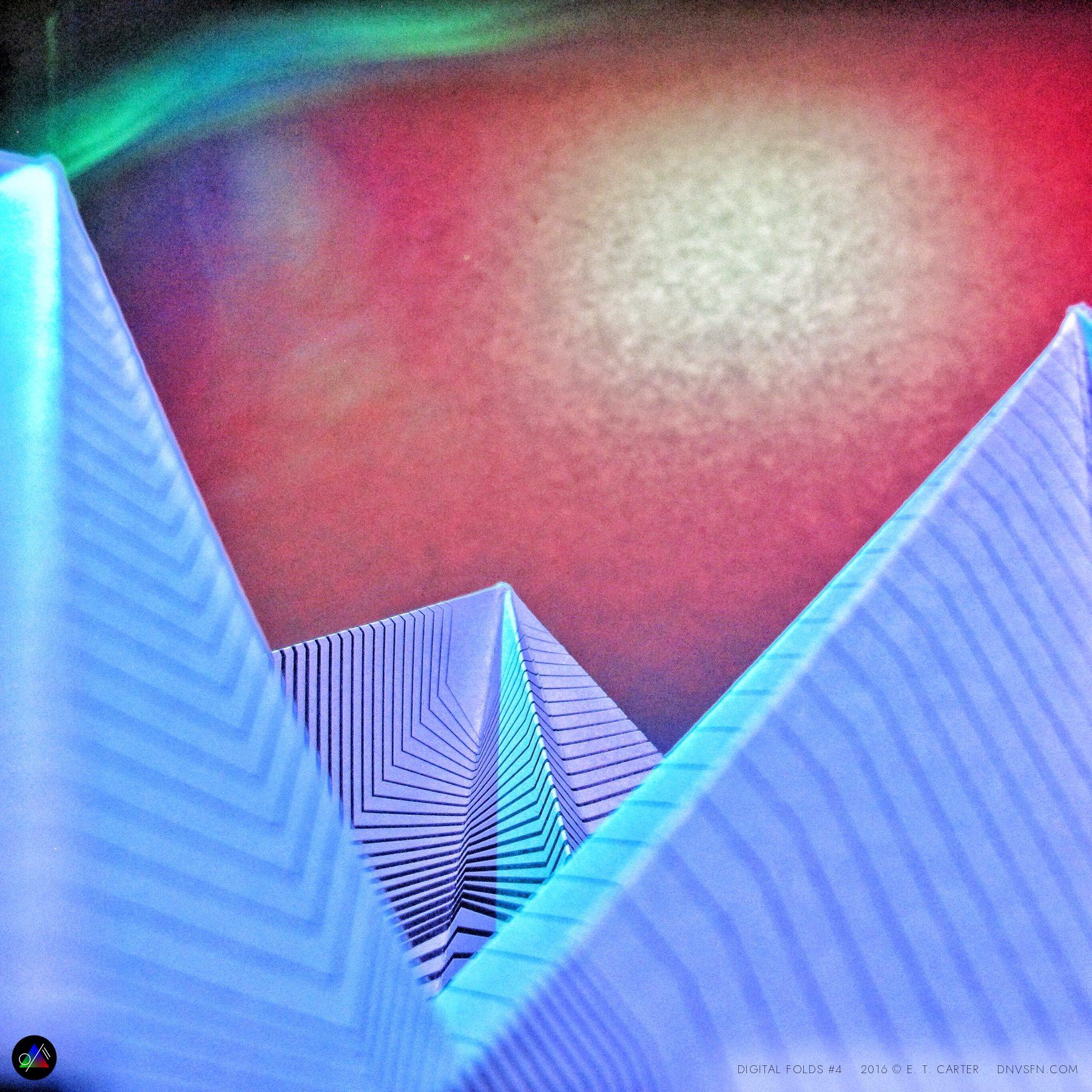 Blue pleats, red-glow ground.
