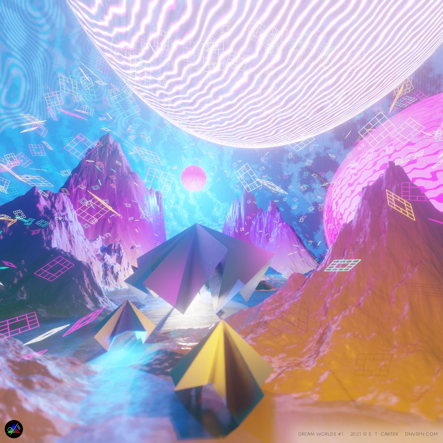 Moonrise over the low-poly delta.