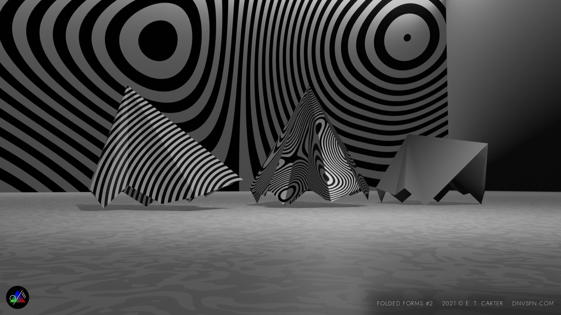 Op-art folds against the spiral backdrop.