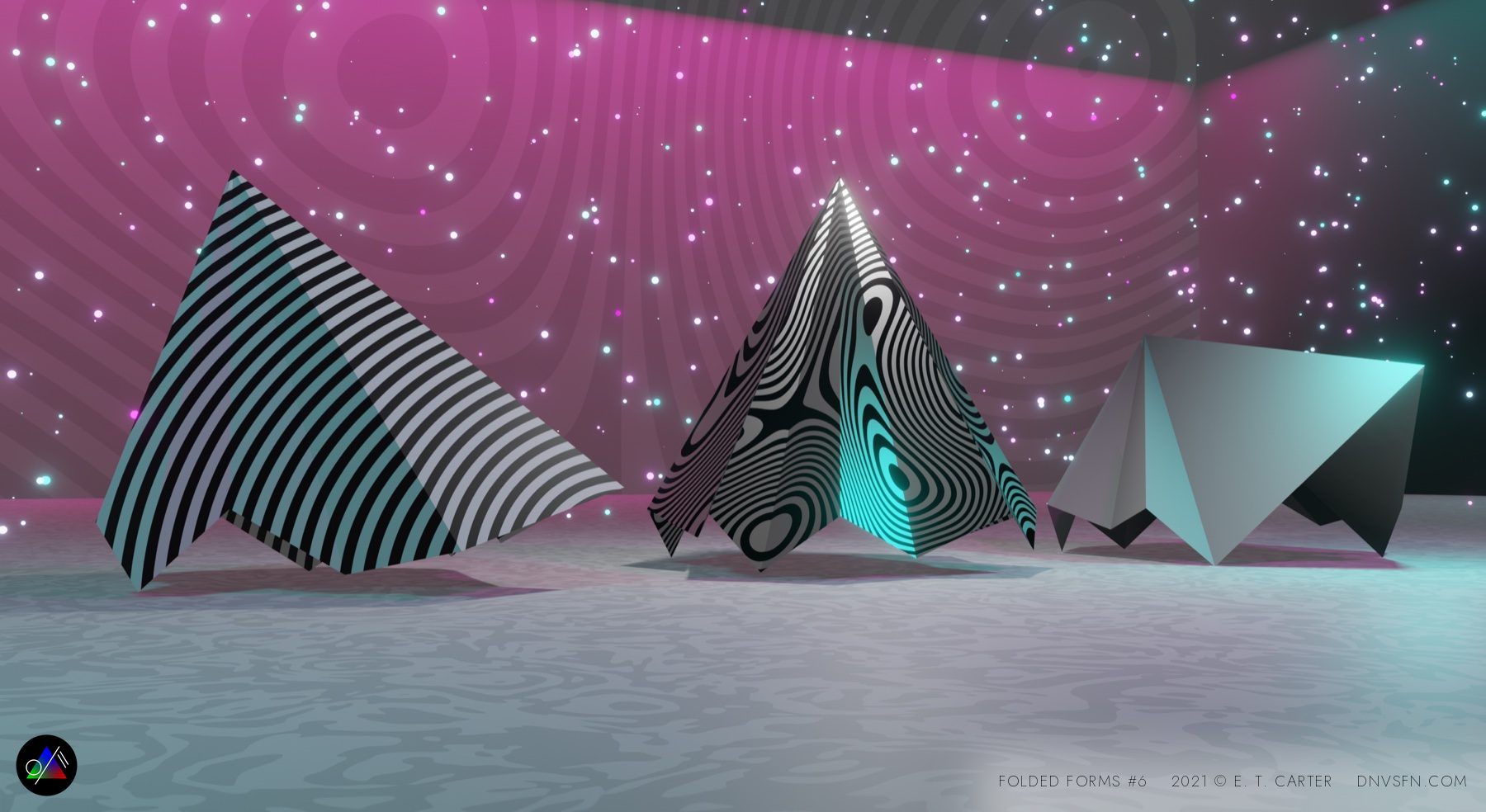Magenta starfield, op-art spiral backdrop.