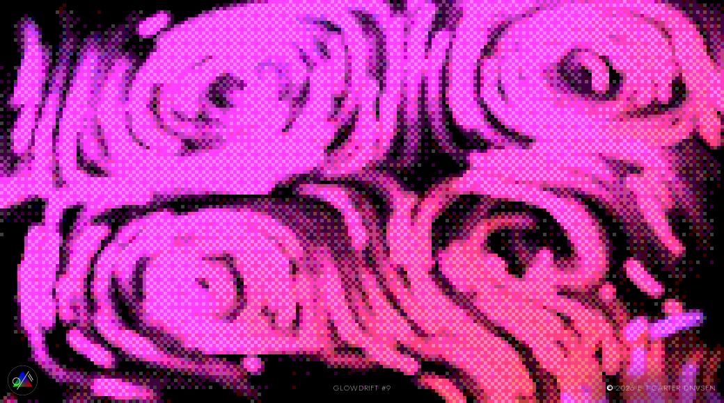 halftone, dithered pop-art swirls in magenta.