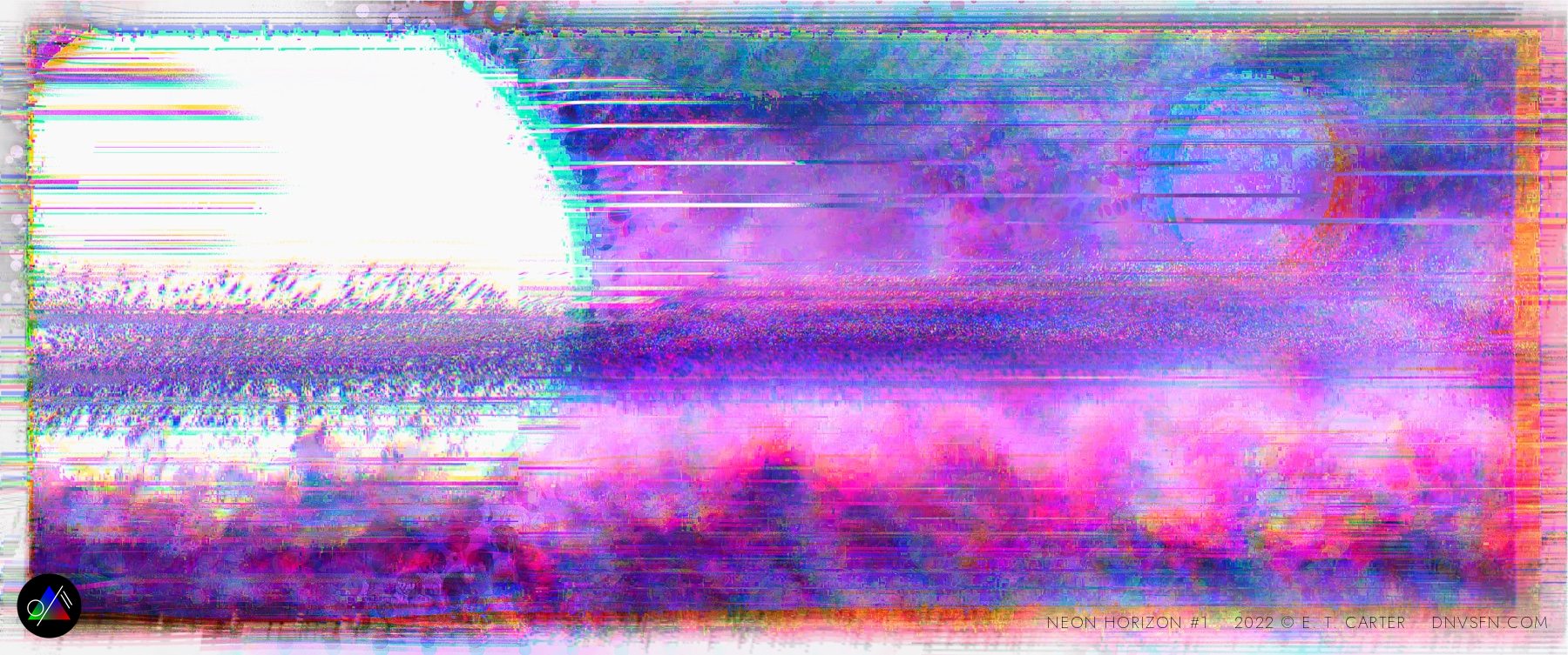 A blown-out sun over a smeared neon horizon.