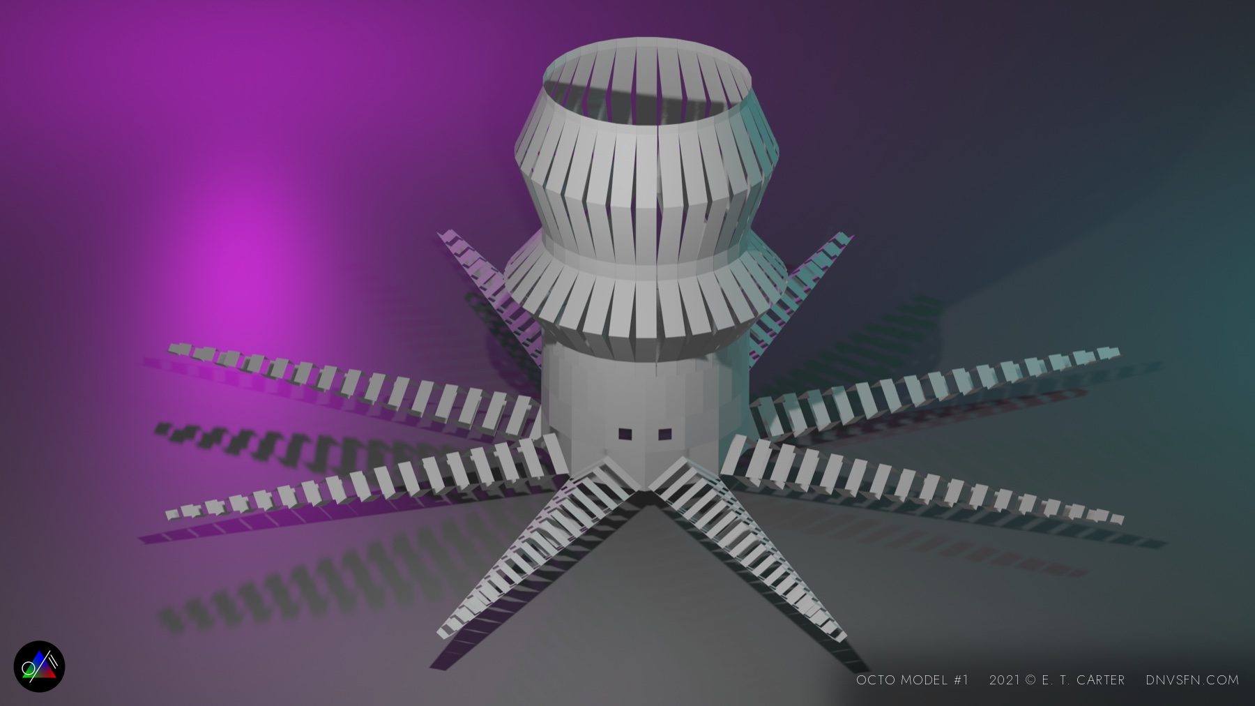 Octo-model under magenta and teal.