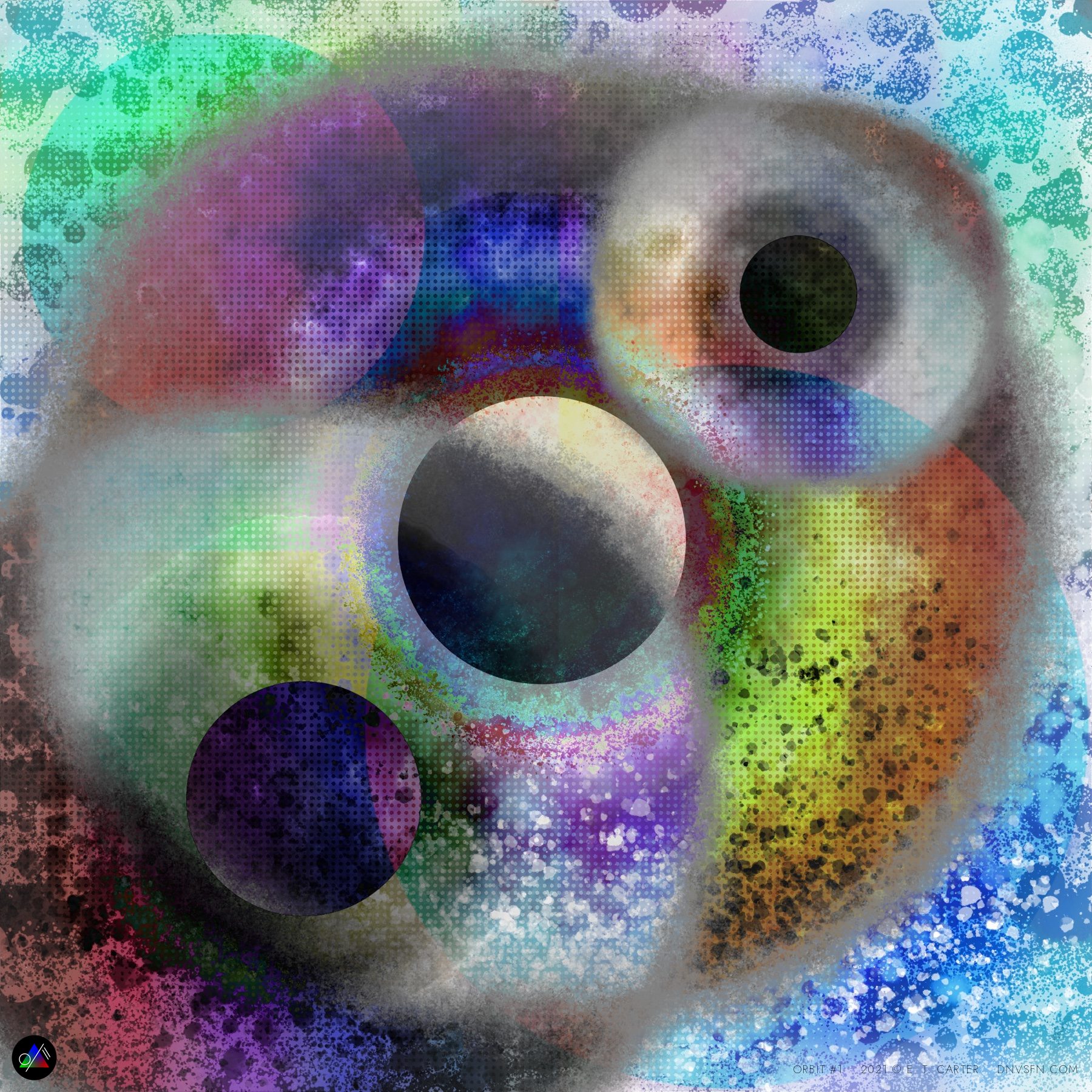 Dark orbs drifting through a halftone bloom.