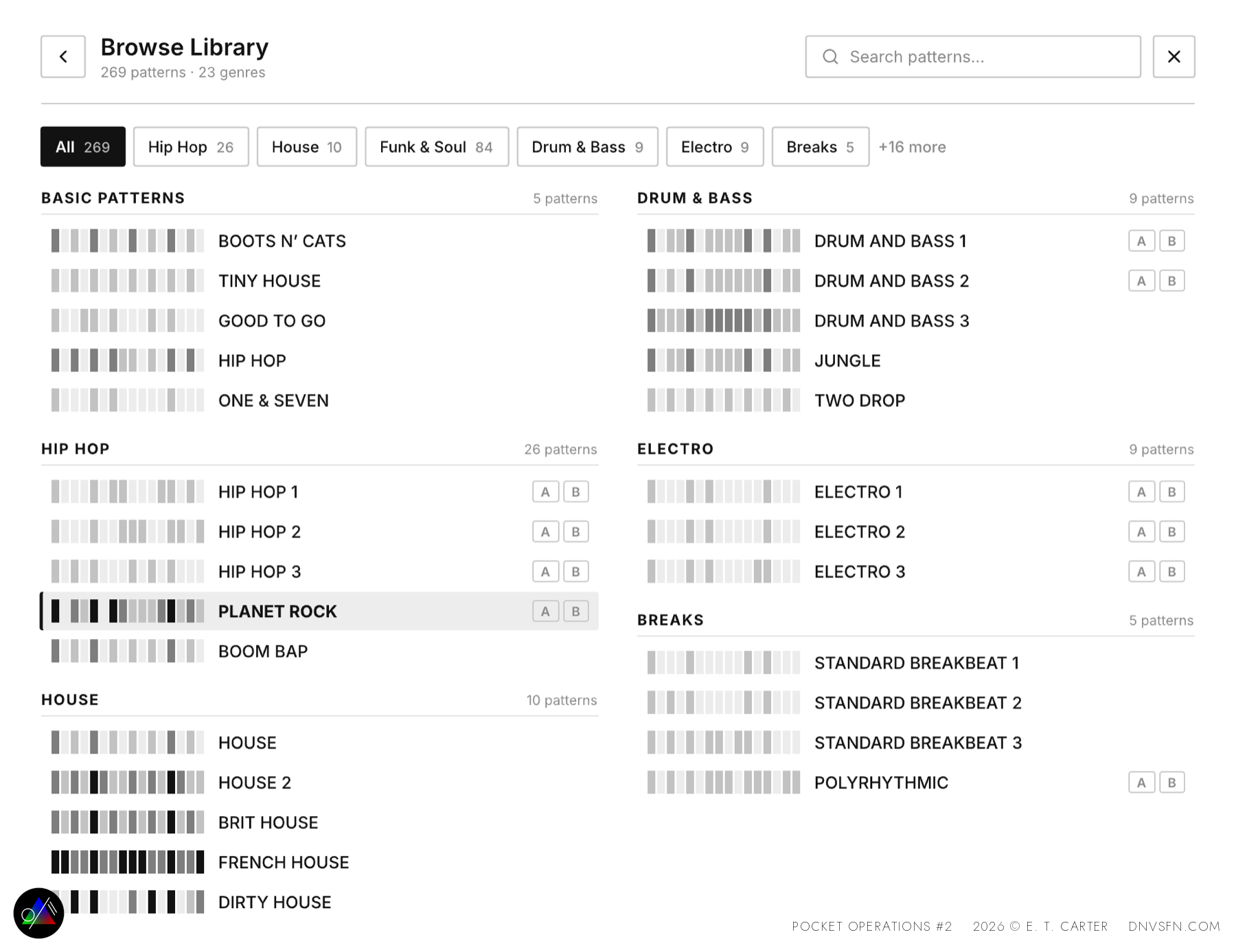 Browse Library, 269 patterns across 23 genres.