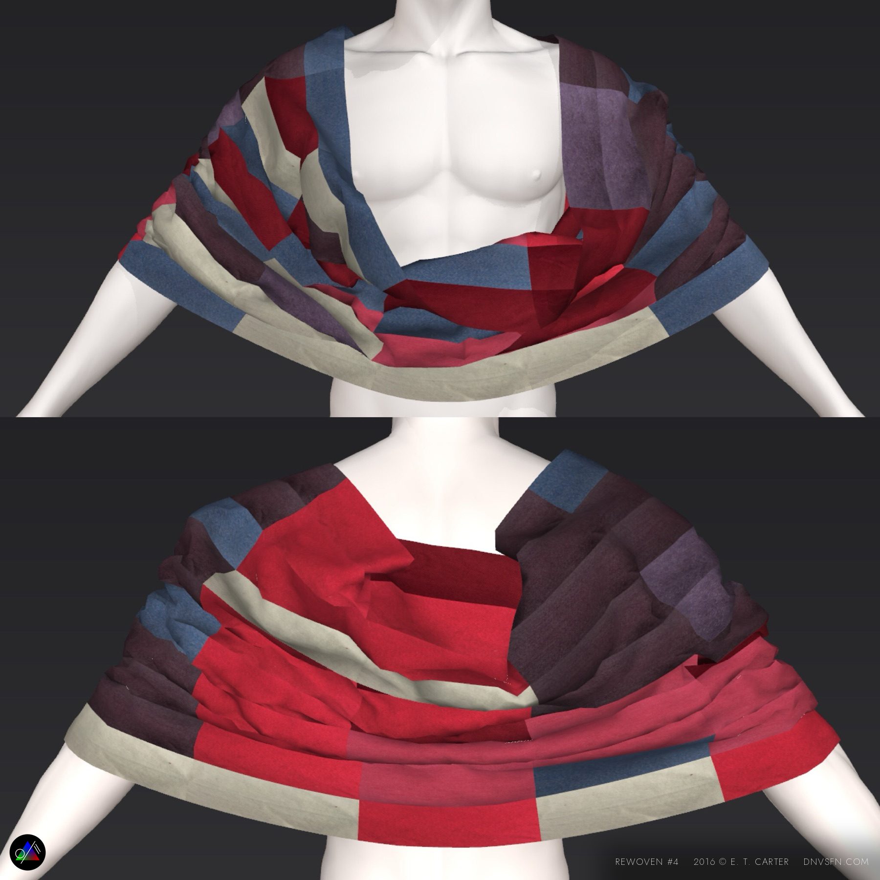 Draped patchwork wrap.