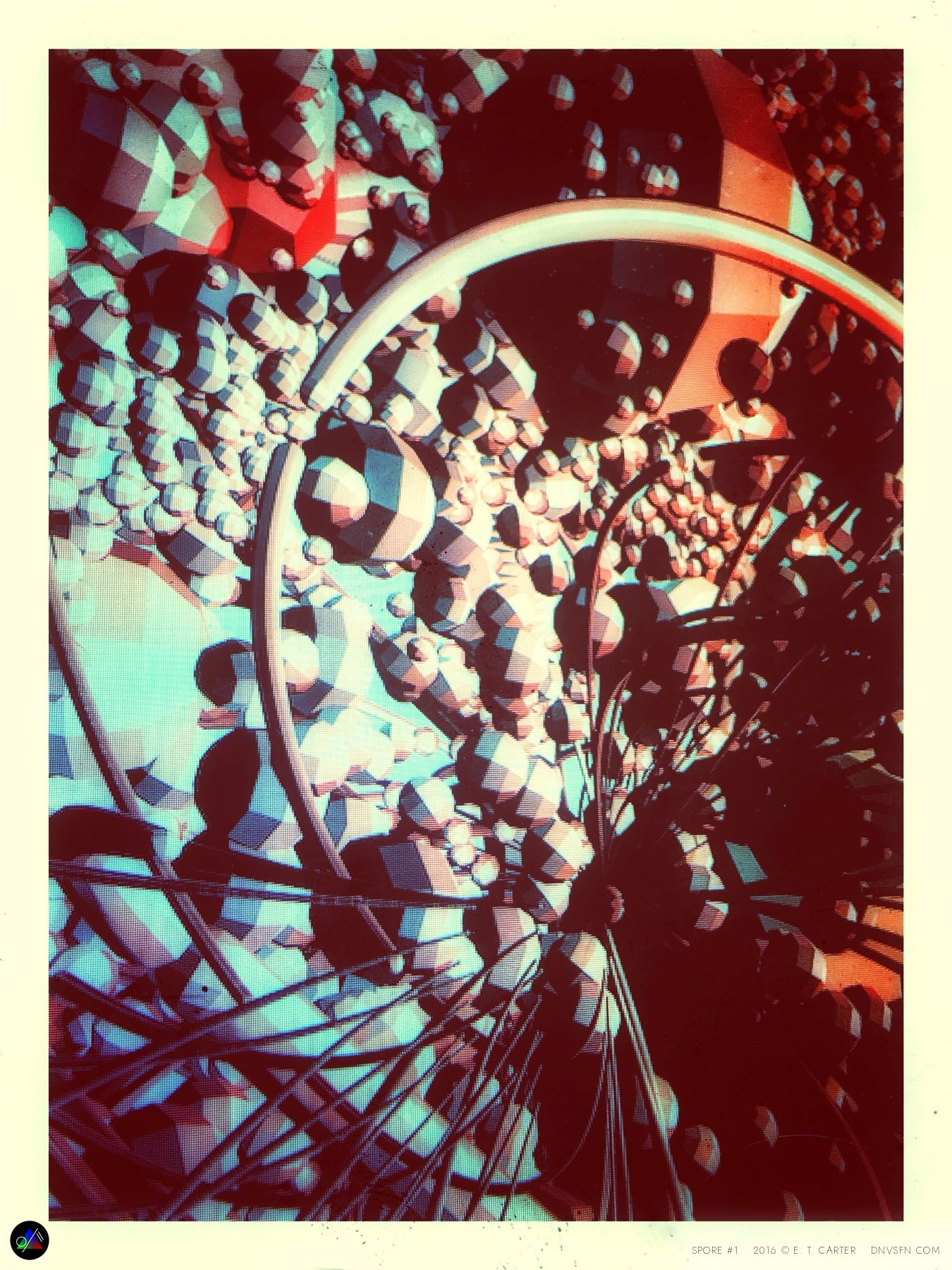 Sphere clusters behind a ring, faded print.