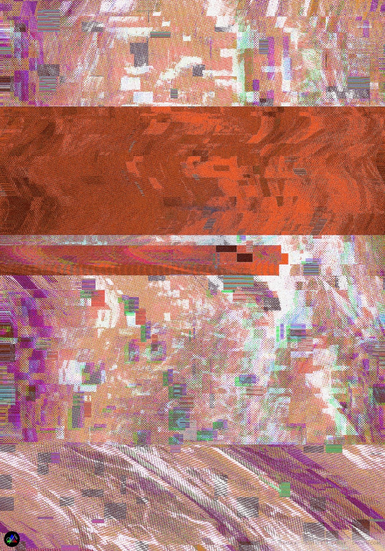 Pixel-sorted bands in terracotta and violet.