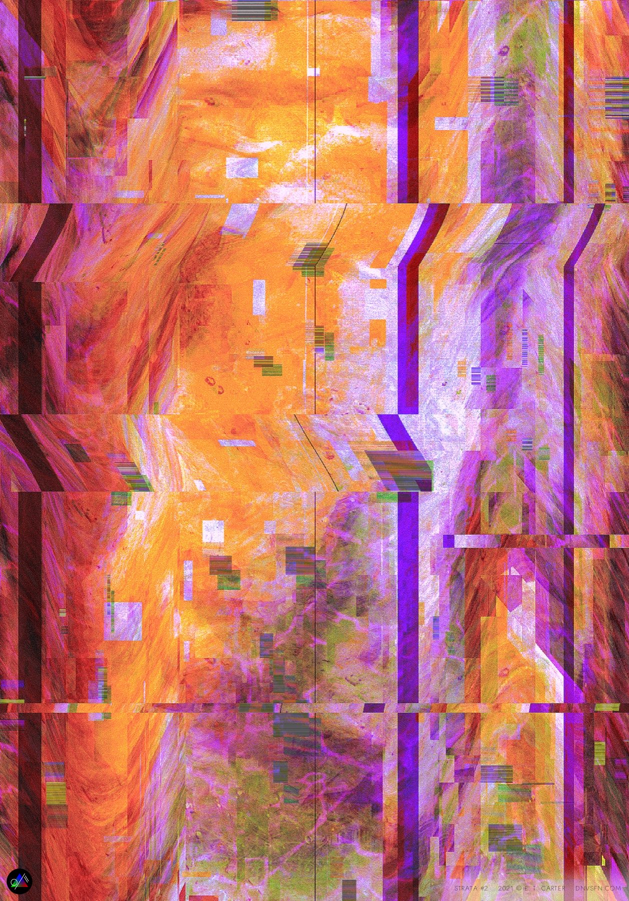 Molten orange smeared through violet glitch.