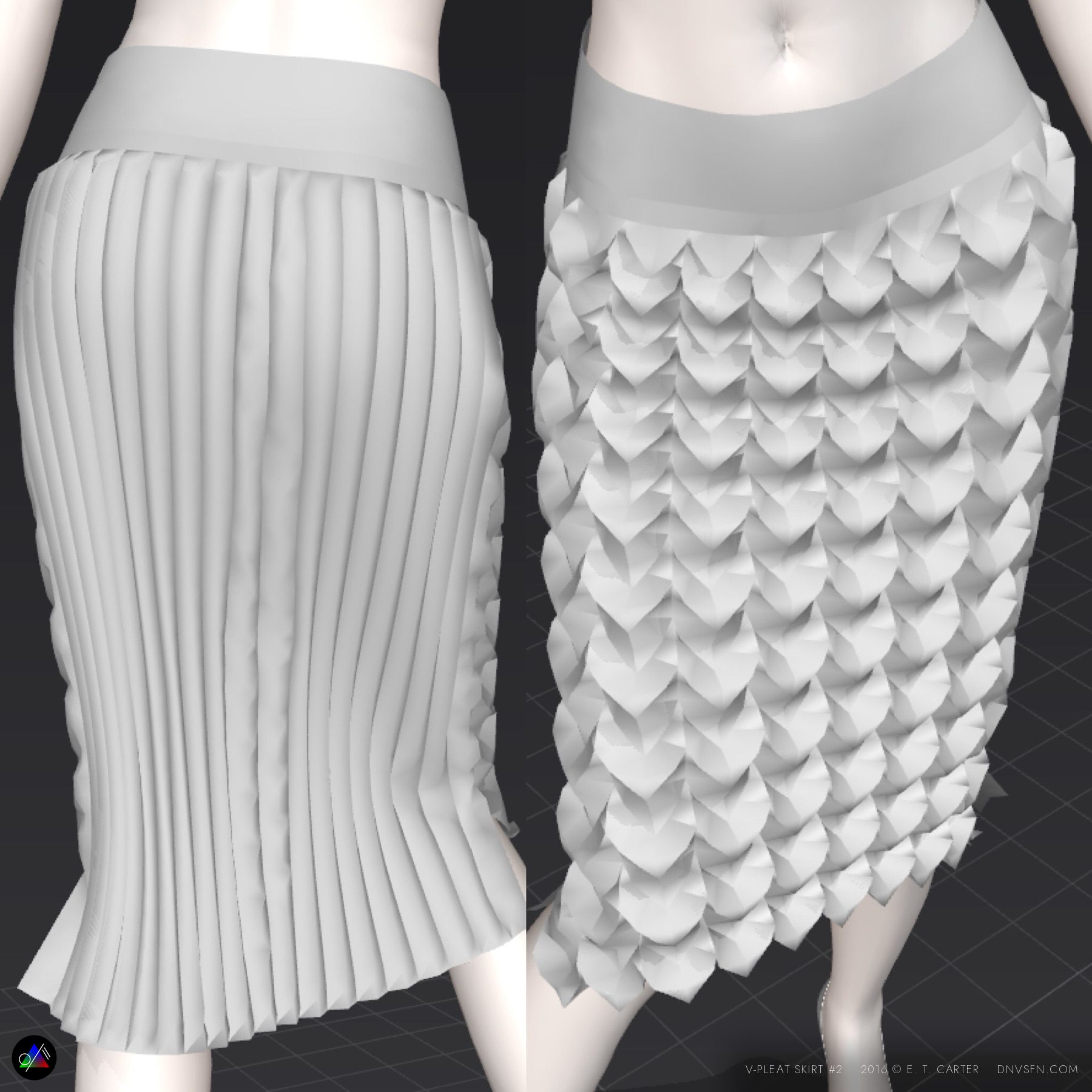 Pleated 3D skirts.